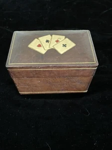 Vintage antike Spielkarten Leder Überzogen Holz Aufbewahrungsetui Box mit Karten - Bild 1 von 10