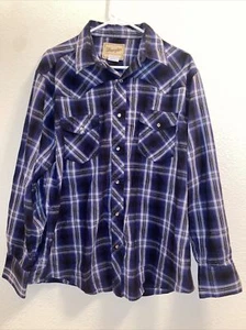 Vintage Wrangler Pearl Druckknopf blaues Shirt Herren Größe XL Western Knopf kariert - Bild 1 von 6
