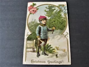 Christmas Greetings, Boy & Tree - Postmarked 1912 Embossed Postcard. - Picture 1 of 2