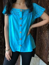 Boho Gypsy Hippy Blue Solid Top Blouse Cotton Cutwork Summer Style Shirt M 