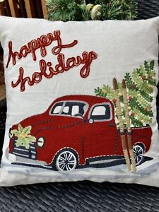 Pier 1 One Decorative Christmas H. Holiday Pillow 16 x 16 Embroidered Truck Tree