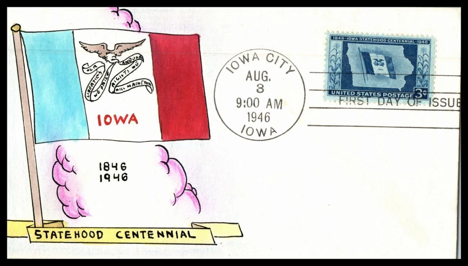 1946 Iowa Statehood 100 years Sc 942-43 with Mae Weigand cachet (R07 - Image 1 of 1