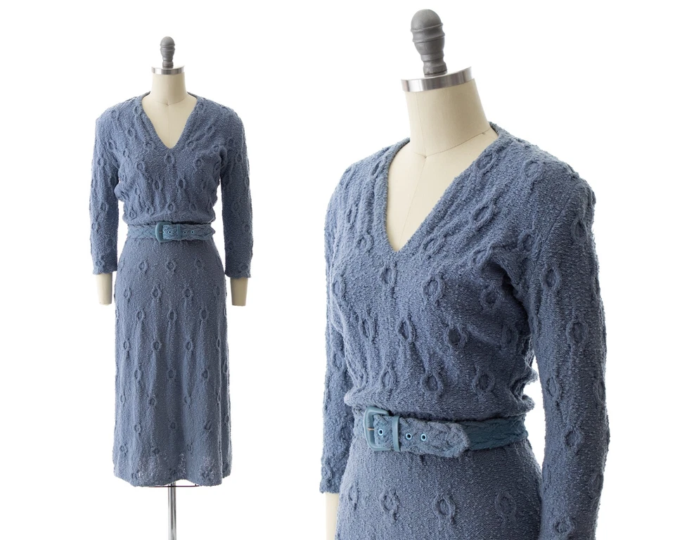 Vintage 1940s 1950s Sweater Dress 40s 50s Blue Knit Wool Belted Wiggle Dress - Image 1 of 4