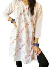 Boho Gypsy Hippy Tunic Dress, White Red Cotton Floral Embroidered Kurti  Dress M