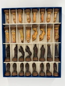 * CHESS FIGURES WOOD HAND CARVED COLORED MEDIEVAL STYLE RARE 10CM - Picture 1 of 14