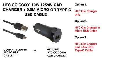 HTC CC C600 12/24v 10W Car Charger & Micro USB Cable or C-Type for HTC Phones - Image 1 of 3