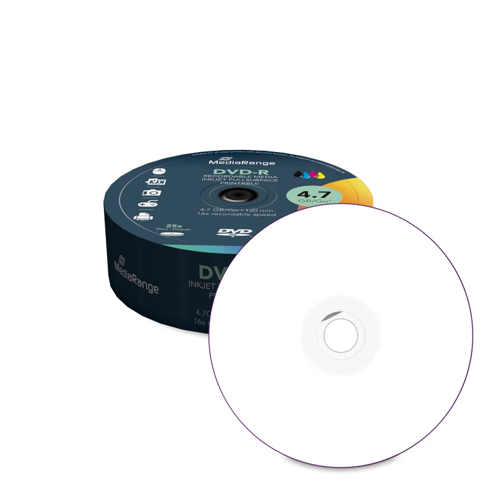 25 Rohlinge MediaRange DVD-R 4,7Gb 16x Inkjet Full Printable voll Bedruckbar - Bild 1 von 1