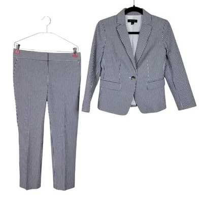 Ann Taylor Chambray Pant Suit Size 0 Blazer 0P Pants Blue White Pinstripe Pocket - Image 1 of 4