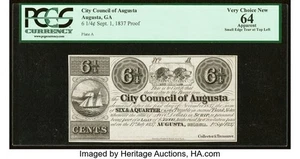 AUGUSTA GEORGIA 6 1/4 CENT 1837 PROOF NOTE !  RARE AND DESIREABLE DENOMINATION - Picture 1 of 2