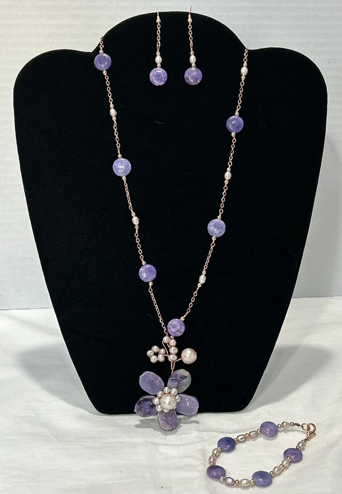 Genuine Charoite With Pearls Floral Necklace, Bracelet And Earrings Set - Image 1 of 4