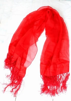 Salvatore Ferragamo Mantón de Seda Rojo Transparente Bufanda Flecos Largo ~ Usado Foto 1 de 4