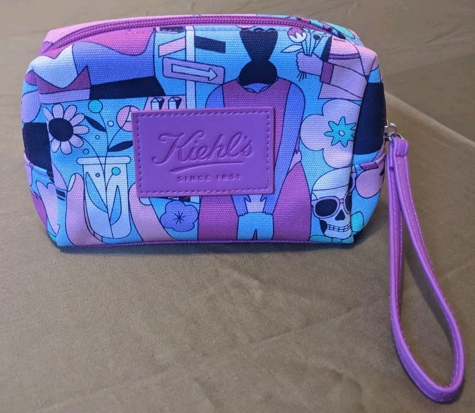 Kiehl's Logo Fabric Zip Top Cosmetic Makeup Bag Pouch Wristlet Toiletry Travel - Image 1 of 4