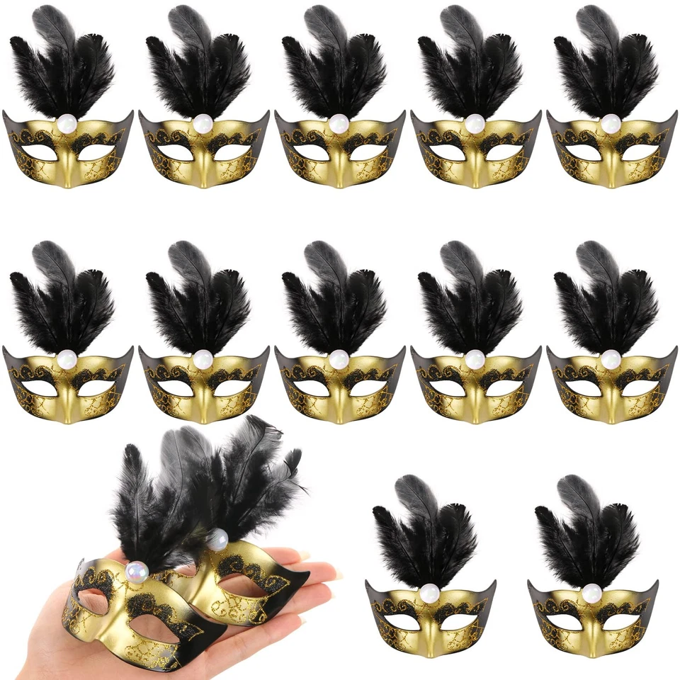 12PCS Mini Masks, Mardi Gras, Masquerade Party Decoration, Table, Cupcake, Black Foto 1 de 4