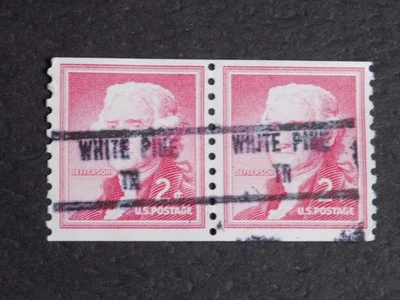 (1) USED COIL PAIR OF U. S.  precan. stamps 2 C JEFFERSON W/A WHITE PINE TN. PC* - Image 1 of 2