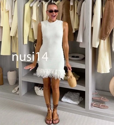 ZARA NEW WOMAN SHORT CHECKERED KNIT DRESS WITH FRINGE ECRU S,M,L  4331/026/712 - Image 1 of 2