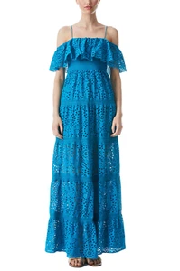 Alice and Olivia Kia Smocked Cold Shoulder Maxi Dress, Ocean Blue - Retail $695 - Picture 1 of 2