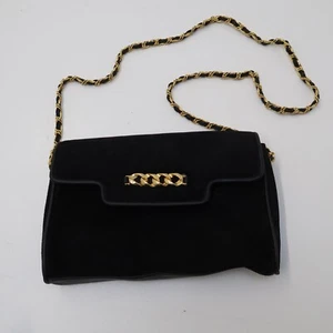 Amanda Smith Black Suede Leather Shoulder Crossbody Bag Purse Gold Chain Vtg - Picture 1 of 9