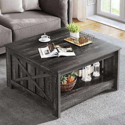 Farmhouse Square Coffee Table with Open Storage Compartment Wood Cocktail Table - Image 1 of 4