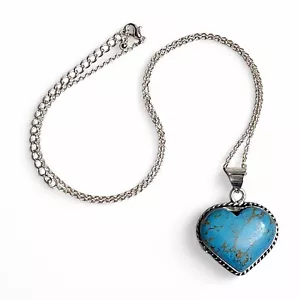 Lady's 925 Sterling Gold Vein Blue Turquoise Heart Necklace 21" - Picture 1 of 4