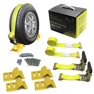 Wheel Chock Tie Down Strap Kit For ATV UTV RZR Trailers Mower Tire WLL 1000LBS - Picture 1 of 10