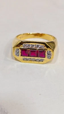 1.50Ct Princess Simulated Red Ruby & Diamond Men's Ring 14k Yellow Gold Plated - Image 1 of 4