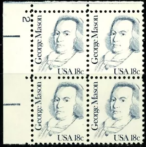 GEORGE MASON Numbered Plate Block of 4 Plate 2 MNH Scott's 1858 - Picture 1 of 2