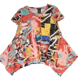 Chelsea & Theodore T Shirt Women M Multicolor Graffeti Tunic Burnout Asymmetric - Picture 1 of 7