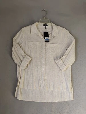 Jones New York Womens Top XL Brown Striped 3/4 Roll Tab Sleeve Casual Button Up - Image 1 of 4