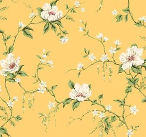 Wallpaper Designer Magnolia Vine White Cream Beige Blue Red on Yellow - Picture 1 of 1