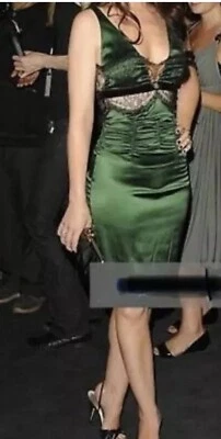 $1555 Vestido Roberto Cavalli Encaje Decolette Seda Acanalada Esmeralda IT46 Usado Dos Veces Foto 1 de 4