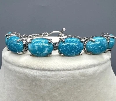Sterling Silver Bracelet Blue Amazonite Oval Cabochons Toggle Clasp 7.75” - Image 1 of 4