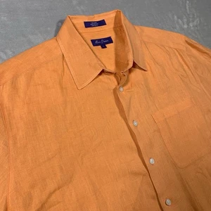 Alan Flusser Shirt Mens Large Orange 100% Linen Button Up Short Sleeve Pocket - Picture 1 of 6