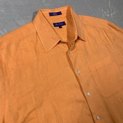 Alan Flusser Shirt Mens Large Orange 100% Linen Button Up Short Sleeve Pocket - Image 1 of 4
