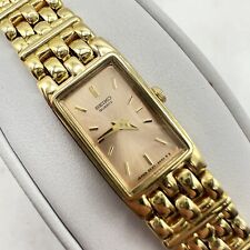 Vtg Seiko Watch Women Gold Tone Rectangle Pink Dial 2E20-6959 New Battery