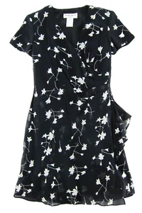 Vintage Donna Ricco New York Black White Floral V-Neck Short Sleeve Wrap Dress 6 - Picture 1 of 5