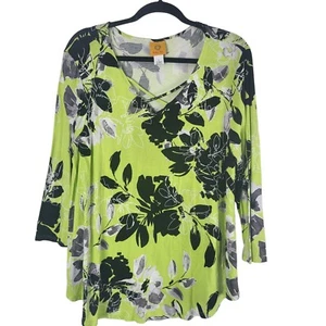 Camicia Ruby Rd L donna verde nero floreale collo a V pullover manica lunga - Foto 1 di 11