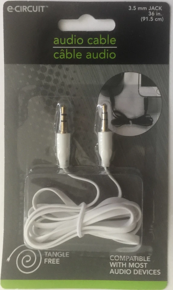 Cable de audio conector de 3,5 mm 3 pies sin enredos cable macho a macho blanco para teléfono Android Foto 1 de 1