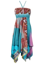 Women's Floral Halter Dress, Blue Printed Bohemian Recycled Summer Travel S/M