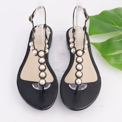 Sandalia para mujer Barneys New York talla 37 6 perla tanga con correa de cuero negro Foto 1 de 4