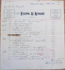 Virginia City, MT 1900 Hardware Briefkopf, Elling and Knight, Montana Mont - Bild 1 von 1
