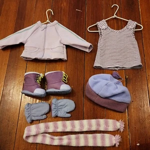 American Girl Doll Lavender Outfit. Zip Coat, Hat, Boots, Mittens, Scarf, Shirt - Picture 1 of 7