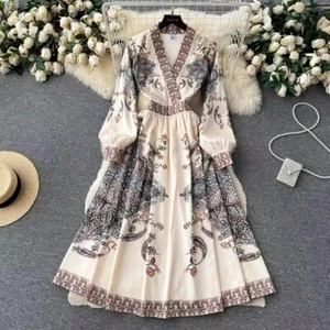Designer Fashion Runway Long Dress Women's V-Neck Puff Sleeve Floral Print s-xxl - Picture 1 of 1