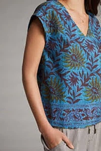 Anthropologie Tee Tiny Linen Cotton Floral Blue Size XS - Picture 1 of 4