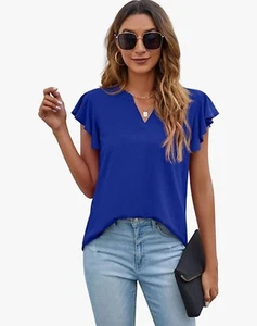 PrinStory Summer Tops Knit Shirts Casual Ruffle Short Sleeve Top V Neck Tunic... - Picture 1 of 5