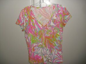 LILLY PULITZER SS  PRINPINK/GREEN T V NECK PULLOVER TOP SZ M EUC