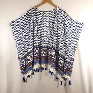 Sag was? Damen Einheitsgröße blau weiß offen Kimono Poncho Quasten Strand Abdeckung - Bild 1 von 9