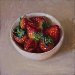 small original dail painting  a day still life realism strawberries 6x6", Y Wang