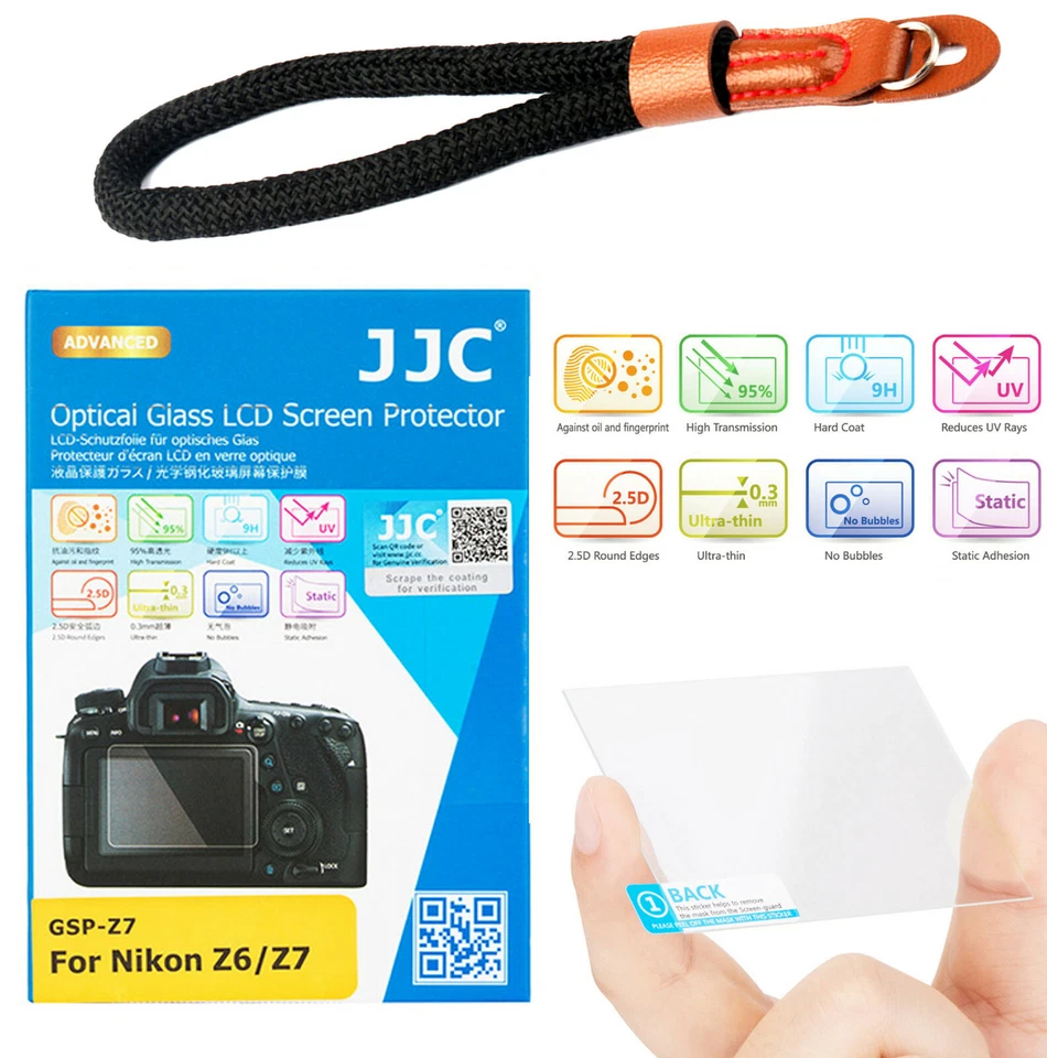 JJC 2.5D Optical Glass LCD Protector Cotton Hand Strap for Nikon Z5 Z6 Z7 Z6 II - Image 1 of 4