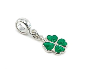 STERLING SILVER ENAMELLED FOUR LEAF CLOVER DANGLE BEAD CHARM   - Picture 1 of 4