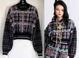 CHANEL 22A BLACK MULTICOLOR CASHMERE KNIT SWEATER PULLOVER 40 - Picture 1 of 17